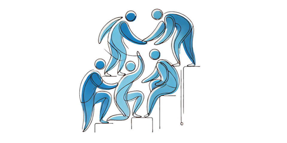 A line drawing depicting a group of people working together to build trust